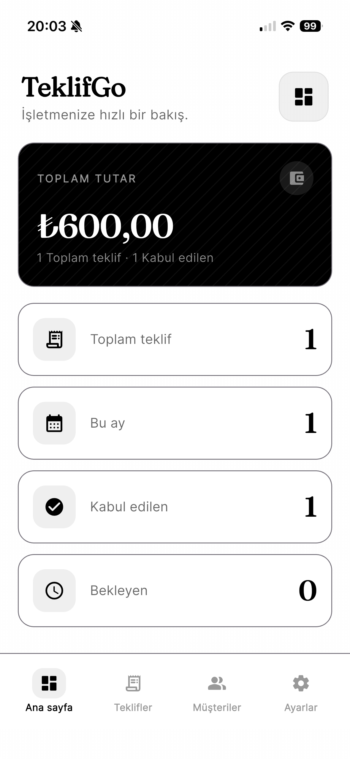 TeklifGO uygulaması ana ekranı: toplam tutar ve teklif istatistikleri